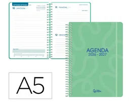 Liderpapel Agenda Escolar 26-27 Classic, Verde, Día Página A5, Espiral, Interior Bilingüe, Papel FSC 70g