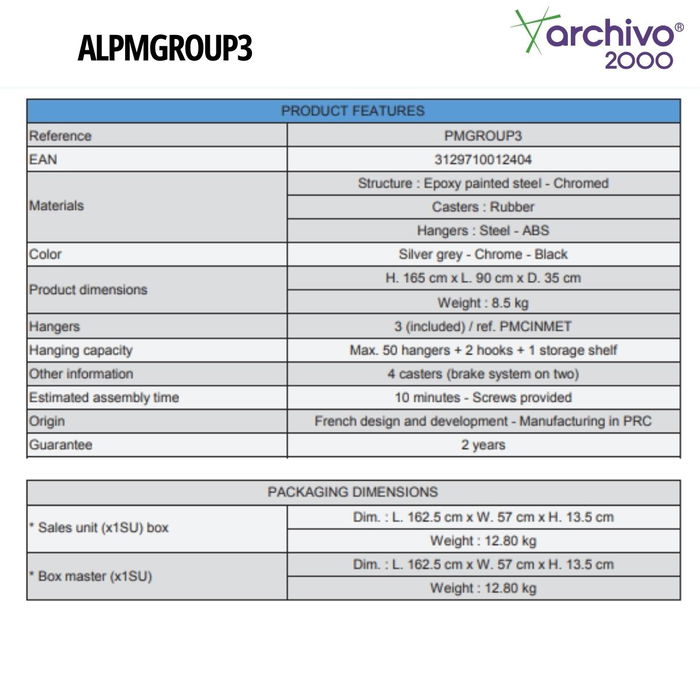 Archivo 2000 Perchero Alba de Gran Capacidad con Ruedas 540x1530x1715 mm Gris ALPMGROUP3 GS