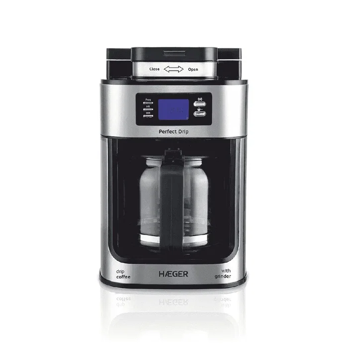 Haeger CM-10B.010A Cafetera Eléctrica de Filtro Semi-Automática, 1.25 L (10 Tazas), 1050W, Color Negro y Plata, con Pantalla LCD y Función Antigoteo