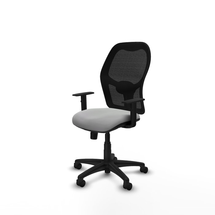 Silla de oficina Alocén con mecanismo Sincro tapizada con Similpiel color Gris claro y malla color Negro. Equipada con lumbar 1D, Brazos 1D y Ruedas de nailon 50 mm