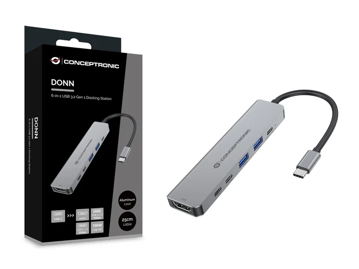 Conceptronic DONN33G Docking Station USB-C 6 en 1 Plata