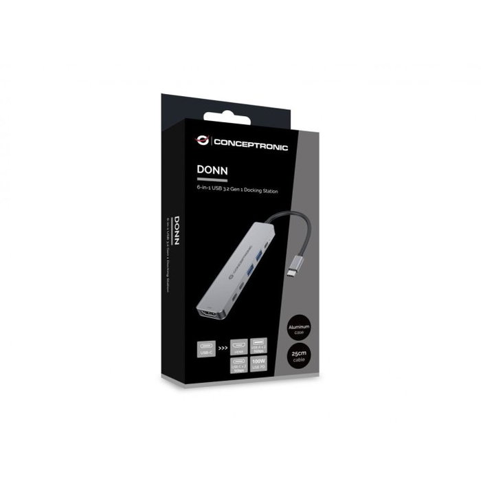 Conceptronic DONN33G Hub USB-C 6 en 1 con HDMI 4K 60Hz, Power Delivery 100W, 2x USB 3.0 y Lector de Tarjetas - Compatible con Portátil, Tablet