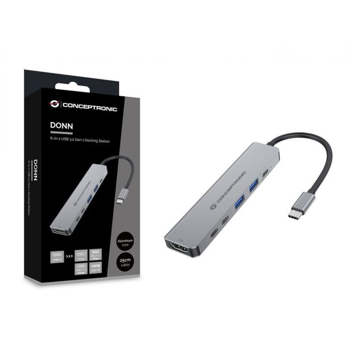 Conceptronic DONN33G Hub USB-C 6 en 1 con HDMI 4K 60Hz, Power Delivery 100W, 2x USB 3.0 y Lector de Tarjetas - Compatible con Portátil, Tablet