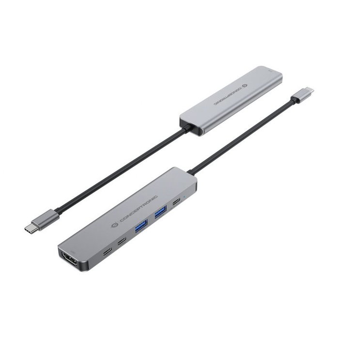 Conceptronic DONN33G Hub USB-C 6 en 1 con HDMI 4K 60Hz, Power Delivery 100W, 2x USB 3.0 y Lector de Tarjetas - Compatible con Portátil, Tablet