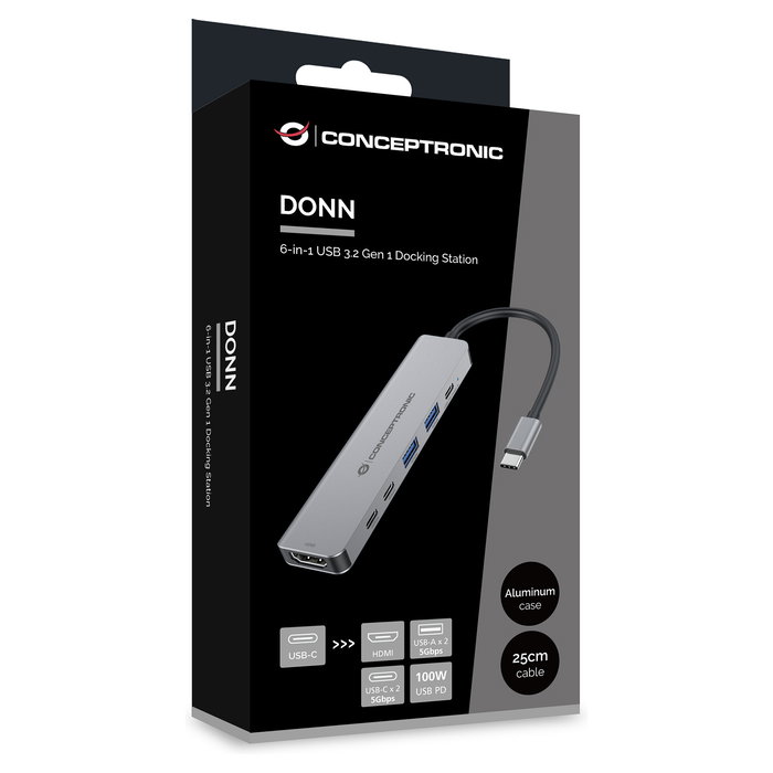 Conceptronic DONN33G Dock USB-C a HDMI/2xUSB-A/2xUSB-C con Power Delivery 100W y 5Gbps de Velocidad de Transferencia