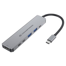 Conceptronic Dock USB-C a HDMI 6 en 1 - Adaptador con 2x USB-A, 2x USB-C y Ethernet, 25 cm, Plata