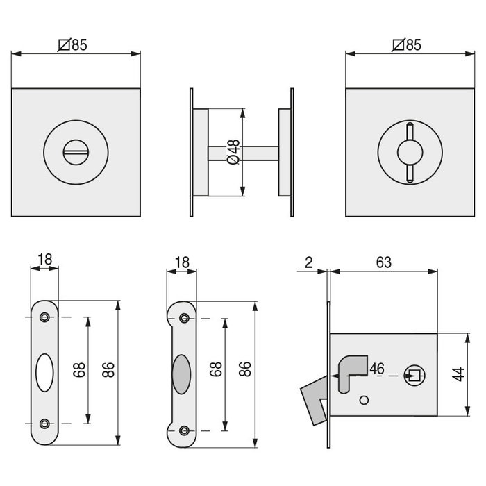 DIDHEYA Kit Cierre Puerta Corredera 85x85 mm Acero Inoxidable Serie Kube 4250 con Picaporte y Bloqueo