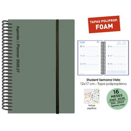 Agenda Anual (2026-27) Senfort 16 Meses Student Foam Espiral Tapa Pp Con Goma 120X170 S/V Verde