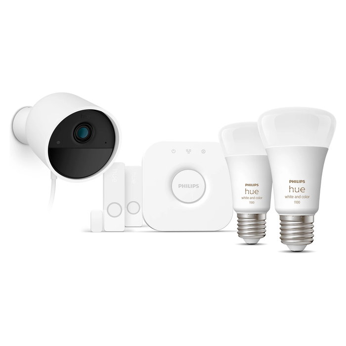 Philips Kit de Inicio Secure con Cámara y Bombillas LED Inteligentes Hue E27, Bluetooth/Zigbee, Blanco, 16000000 Colores, 1100 lm, 9W