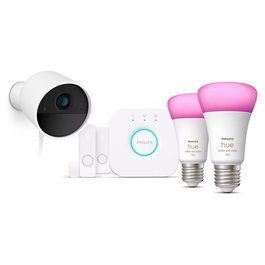 Philips 929003562707 Kit de Inicio Hue Secure con 2 Bombillas LED Bluetooth/Zigbee Color, Puente y Cámara, Blanco, E27, 9W, 1100lm