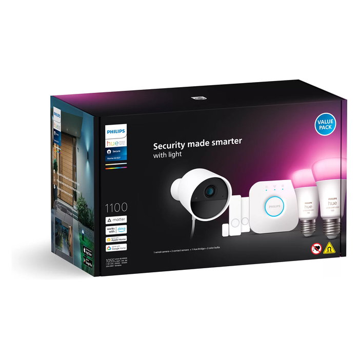 Philips Kit de Inicio Secure con Cámara y Bombillas LED Inteligentes Hue E27, Bluetooth/Zigbee, Blanco, 16000000 Colores, 1100 lm, 9W
