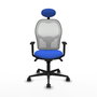 Silla de oficina Jorquera con mecanismo Sincro tapizada con Tela color Azul y malla color Blanco. Equipada con lumbar 1D, Brazos 1D, Cabecero Fijo y Ruedas 65mm nailon