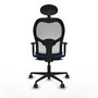 Silla de oficina Jorquera con mecanismo Sincro tapizada con Tela color Azul y malla color Blanco. Equipada con lumbar 1D, Brazos 1D, Cabecero Fijo y Ruedas 65mm nailon