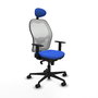 Silla de oficina Jorquera con mecanismo Sincro tapizada con Tela color Azul y malla color Blanco. Equipada con lumbar 1D, Brazos 1D, Cabecero Fijo y Ruedas 65mm nailon