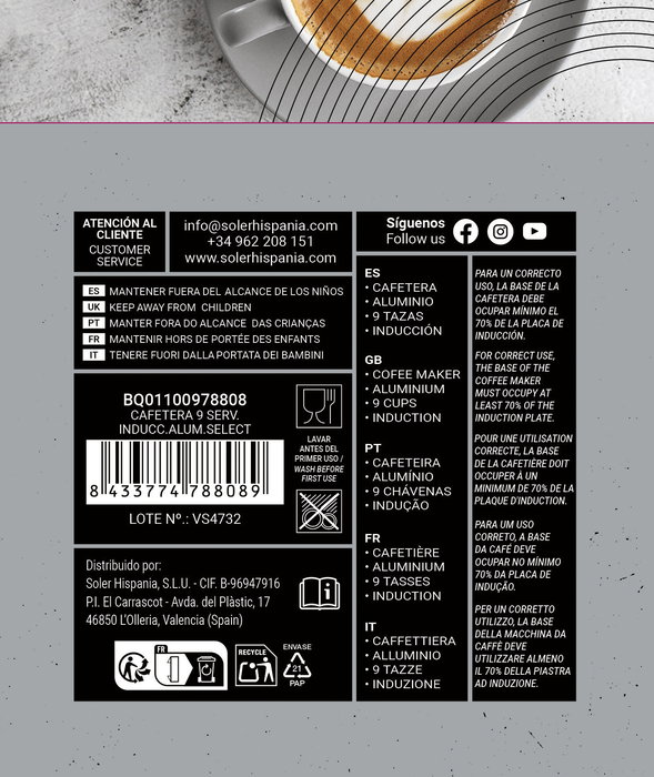 Inde Cafetera 9 Servicios Inducción Aluminio Select 450ml (6 Unidades)