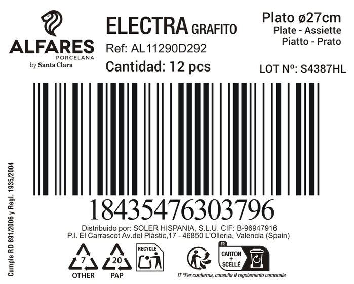 Alfares Plato Llano Electra Grafito 27cm