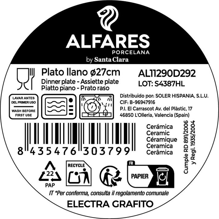 Alfares Plato Llano Electra Grafito 27cm