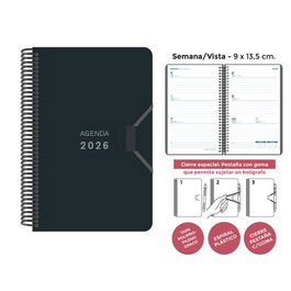 Agenda Anual (2026) Senfort Mini Espiral Tapa Pp Con Goma 90X135 S/V Negro