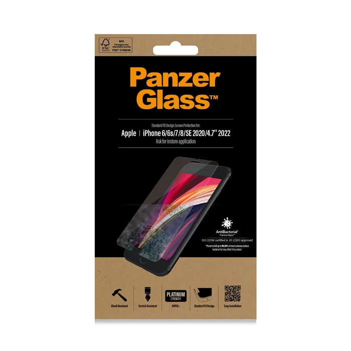 PanzerGlass Protector de Pantalla Vidrio Templado para iPhone 6/6s/7/8/SE (2020/2022) - Antibacteriano, Anti-huellas, Bordes Redondeados, 1 Unidad PanzerGlass Protector de Pantalla Vidrio Templado para iPhone 6/6s/7/8/SE (2020/2022) - Antibacteriano, Anti-huellas, Bordes Redondeados, 1 Unidad