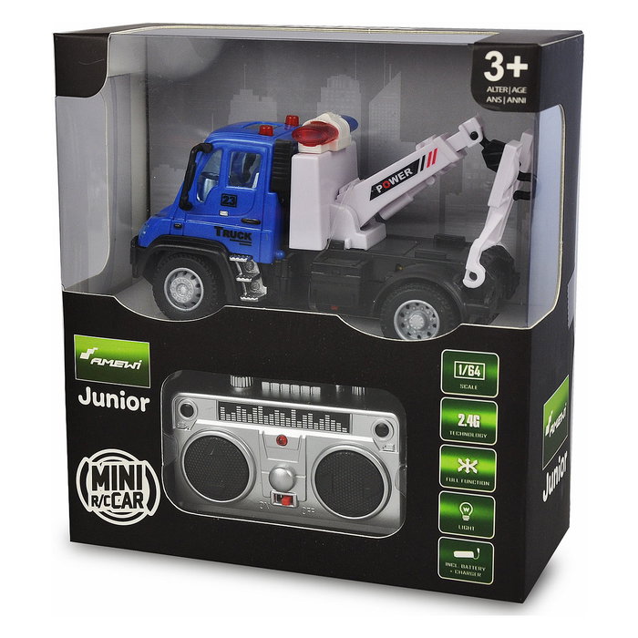 AMEWI Mini Truck Camión Remolque RC 1:64 Azul con Batería de Iones de Litio 500mAh, Radio Control para Niños 3+ Años