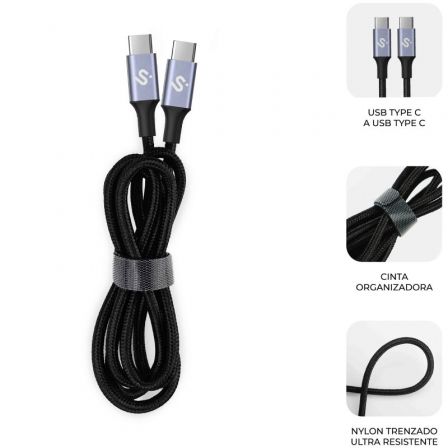 Subblim Cable USB-C a USB-C PLUS 100W 2m Negro con Chip E-Marker Carga Rápida PD 3.0 QC 3.0 Nylon Trenzado 480Mbps SUBCAB-C10002