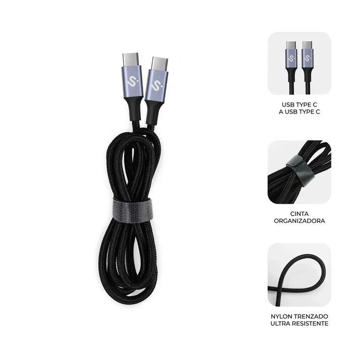 SUBBLIM Cable USB-C a USB-C 100W 2m Negro - PD 3.0 QC 3.0 Carga Rápida, Chip E-Marker, 480 Mbps Datos - para MacBook, iPhone 15, Galaxy S24, iPad