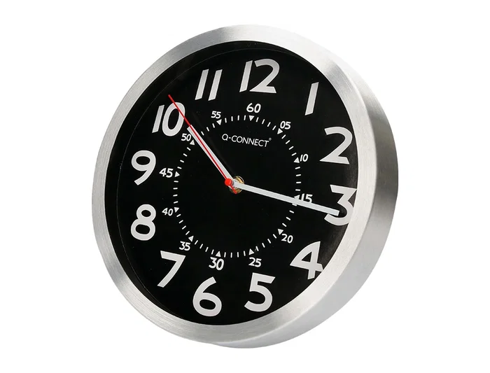 Q-connect Reloj de Pared Metálico Redondo 25 cm Movimiento Silencioso Negro Esfera Cromada