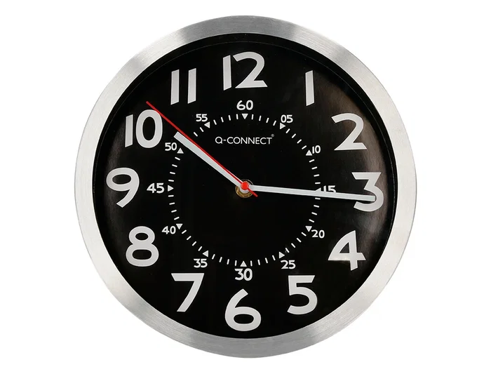 Q-connect Reloj de Pared Metálico Redondo 25 cm Movimiento Silencioso Negro Esfera Cromada