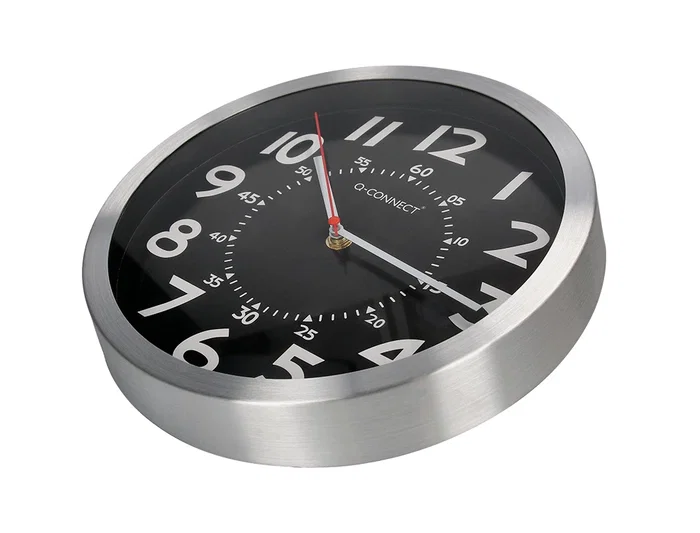 Q-connect Reloj de Pared Metálico Redondo 25 cm Movimiento Silencioso Negro Esfera Cromada