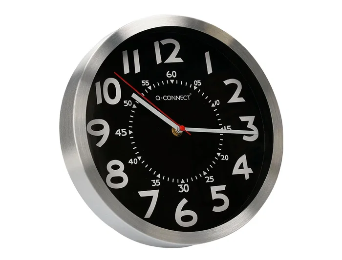 Q-connect Reloj de Pared Metálico Redondo 25 cm Movimiento Silencioso Negro Esfera Cromada