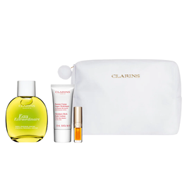 Set Clarins: Eau Extraordinaire, Eau De Toilette, For Women, 100 ml + Moisture-Rich, Shea Butter, Moisturising, Body Lotion, Body, 30 ml + Lip Confort, Lip Oil, 01, 1.4 ml *Miniature + Clarins, Zippered, GWP Textile Pouch, White