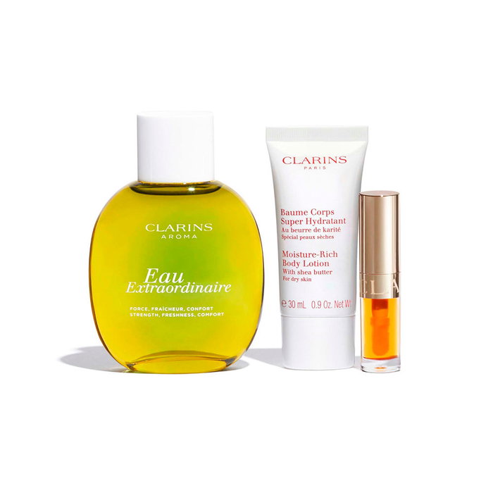 Set Clarins: Eau Extraordinaire, Eau De Toilette, For Women, 100 ml + Moisture-Rich, Shea Butter, Moisturising, Body Lotion, Body, 30 ml + Lip Confort, Lip Oil, 01, 1.4 ml *Miniature + Clarins, Zippered, GWP Textile Pouch, White Set Clarins: Eau Extraordinaire, Eau De Toilette, For Women, 100 ml + Moisture-Rich, Shea Butter, Moisturising, Body Lotion, Body, 30 ml + Lip Confort, Lip Oil, 01, 1.4 ml *Miniature + Clarins, Zippered, GWP Textile Pouch, White