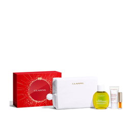Set Clarins: Eau Extraordinaire, Eau De Toilette, For Women, 100 ml + Moisture-Rich, Shea Butter, Moisturising, Body Lotion, Body, 30 ml + Lip Confort, Lip Oil, 01, 1.4 ml *Miniature + Clarins, Zippered, GWP Textile Pouch, White