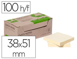 Q-connect Bloc de Notas Adhesivas Quita y Pon Amarillo 38x51 mm 100% Papel Reciclado Ecológico 100 Hojas