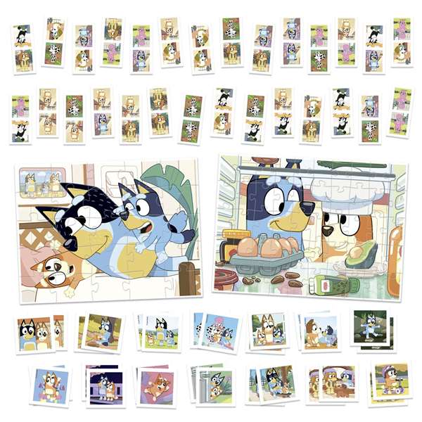 Educa Puzzle Superpack 4 en 1 Bluey con Puzzle de 25 y 50 Piezas, Juego de Memoria y Dominó de 28 Piezas. Edad 3+