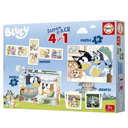 Educa Puzzle Superpack 4 en 1 Bluey con Puzzle de 25 y 50 Piezas, Juego de Memoria y Dominó de 28 Piezas. Edad 3+