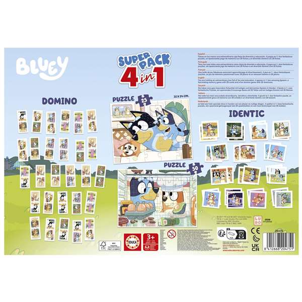 Educa Puzzle Superpack 4 en 1 Bluey con Puzzle de 25 y 50 Piezas, Juego de Memoria y Dominó de 28 Piezas. Edad 3+