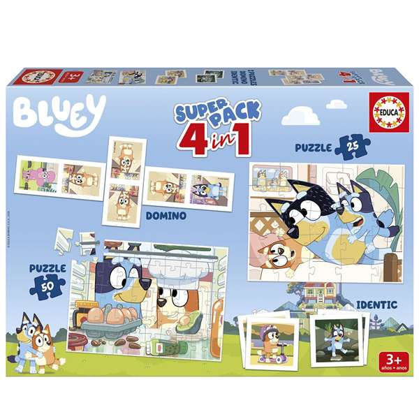 Educa Puzzle Superpack 4 en 1 Bluey con Puzzle de 25 y 50 Piezas, Juego de Memoria y Dominó de 28 Piezas. Edad 3+