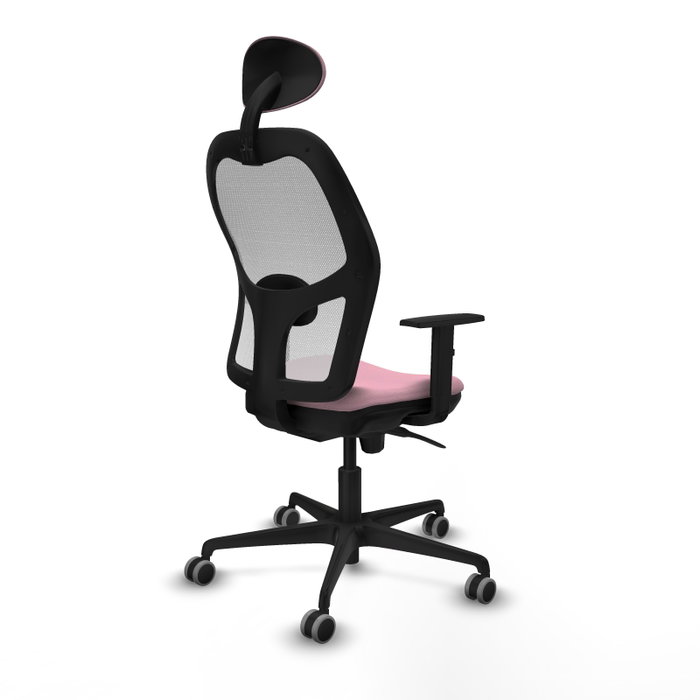 Silla de oficina Jorquera con mecanismo Sincro tapizada con Tela color Rosa y malla color Blanco. Equipada con lumbar 1D, Brazos 1D, Cabecero Fijo y Ruedas 65 mm parqué