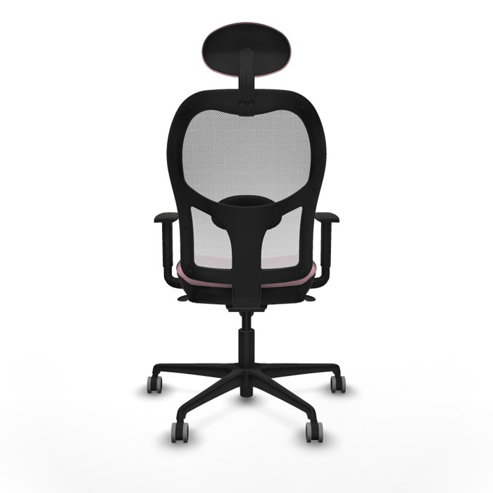 Silla de oficina Jorquera con mecanismo Sincro tapizada con Tela color Rosa y malla color Blanco. Equipada con lumbar 1D, Brazos 1D, Cabecero Fijo y Ruedas 65 mm parqué