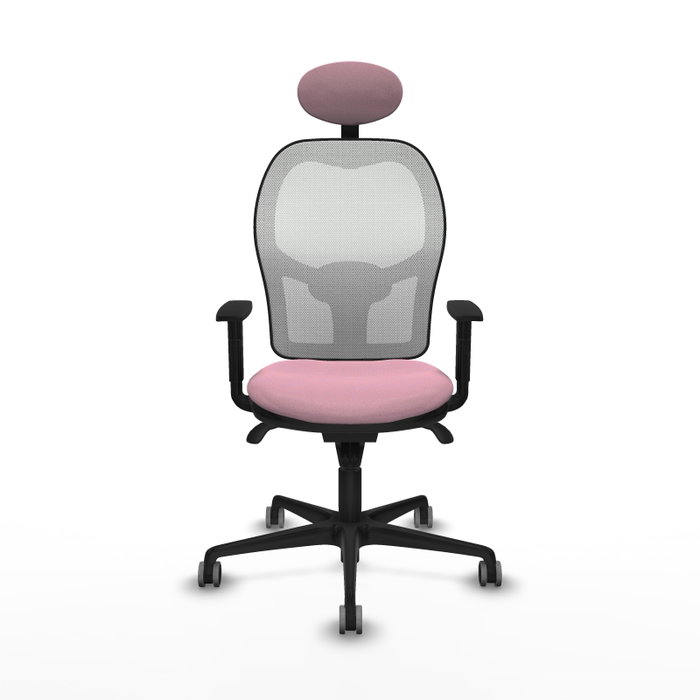Silla de oficina Jorquera con mecanismo Sincro tapizada con Tela color Rosa y malla color Blanco. Equipada con lumbar 1D, Brazos 1D, Cabecero Fijo y Ruedas 65 mm parqué