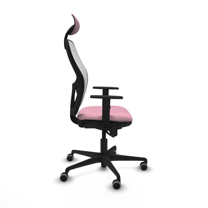 Silla de oficina Jorquera con mecanismo Sincro tapizada con Tela color Rosa y malla color Blanco. Equipada con lumbar 1D, Brazos 1D, Cabecero Fijo y Ruedas 65 mm parqué