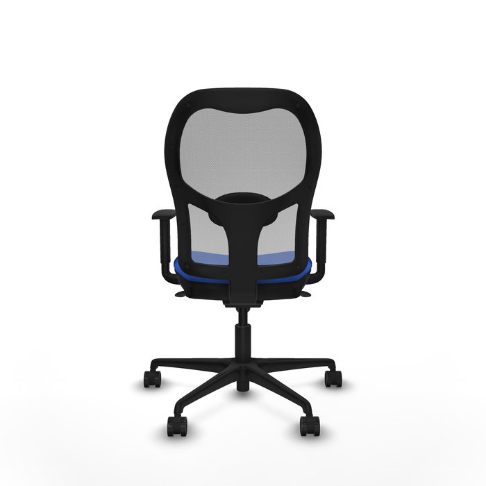 Silla de oficina Jorquera con mecanismo Sincro tapizada con Tela color Azul y malla color Gris. Equipada con lumbar 1D, Brazos 1D y Ruedas 65mm nailon