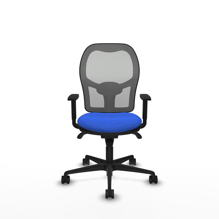 Silla de oficina Jorquera con mecanismo Sincro tapizada con Tela color Azul y malla color Gris. Equipada con lumbar 1D, Brazos 1D y Ruedas 65mm nailon