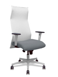 Sillón Albacete con mecanismo Sincro tapizada con Tela color Gris y malla color Blanco. Equipado con Base poliamida blanca, Brazos 1D y Ruedas 65 mm parqué