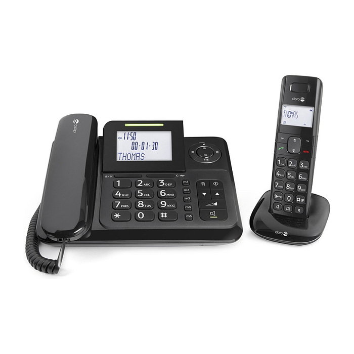 Doro Comfort 4005 Combo - Teléfono DECT/analógico con contestador automático, altavoz, pantalla, 50 entradas y 2 móviles incluidos
