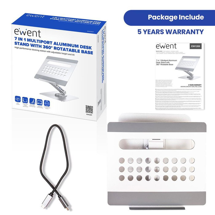 Ewent EW1269 Soporte Elevador Dock para Portátil hasta 17" de Aluminio, Estación Acoplamiento USB-C 7-en-1 HDMI 4K 60Hz 100W PD, Rotación 360°, Ergonómico, Refrigeración Mejorada