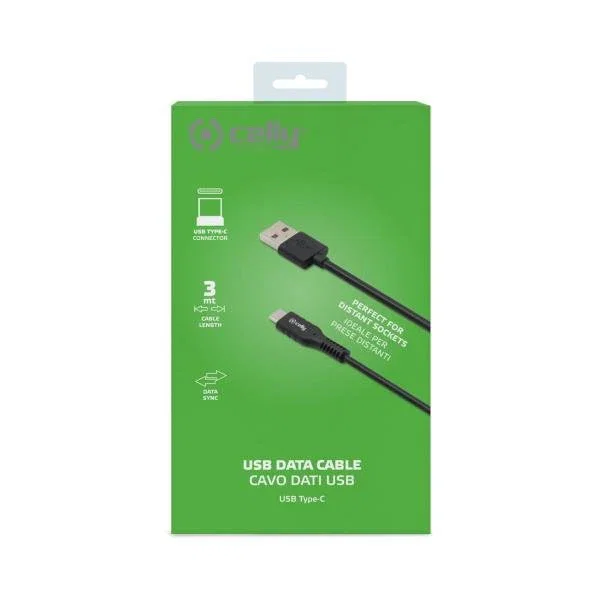 Celly USB-C3MBK Cable USB Tipo C a USB A 3 Metros - Negro - USB-A Macho a USB-C Macho