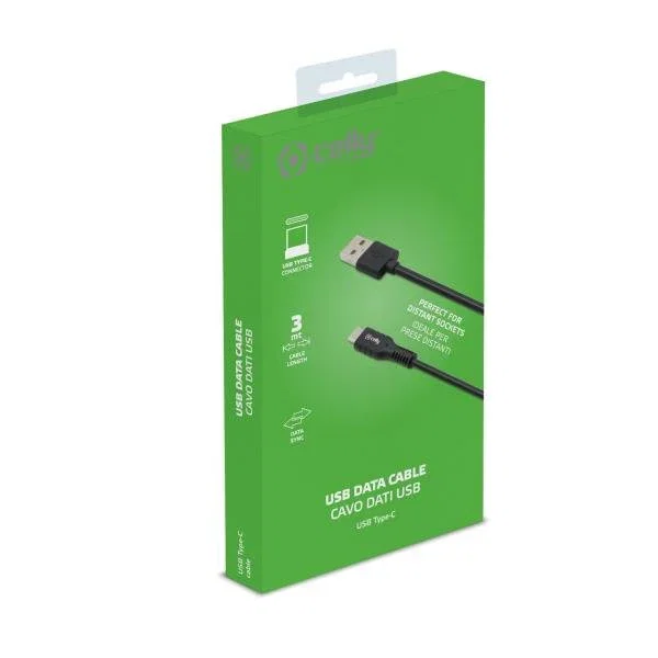 Celly USB-C3MBK Cable USB Tipo C a USB A 3 Metros - Negro - USB-A Macho a USB-C Macho
