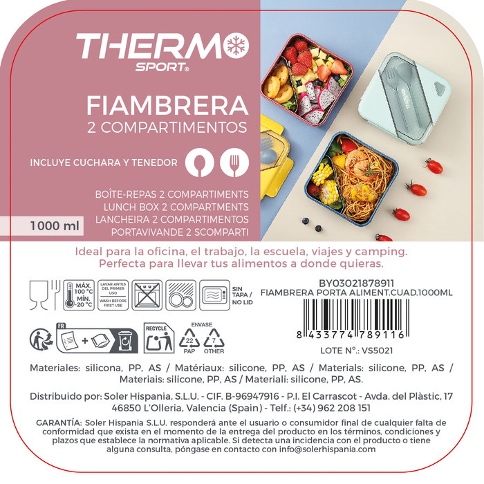 Inde Fiambrera Porta Alimentos Cuadrada 1000ml 17x17x7.5cm (12 Unidades)